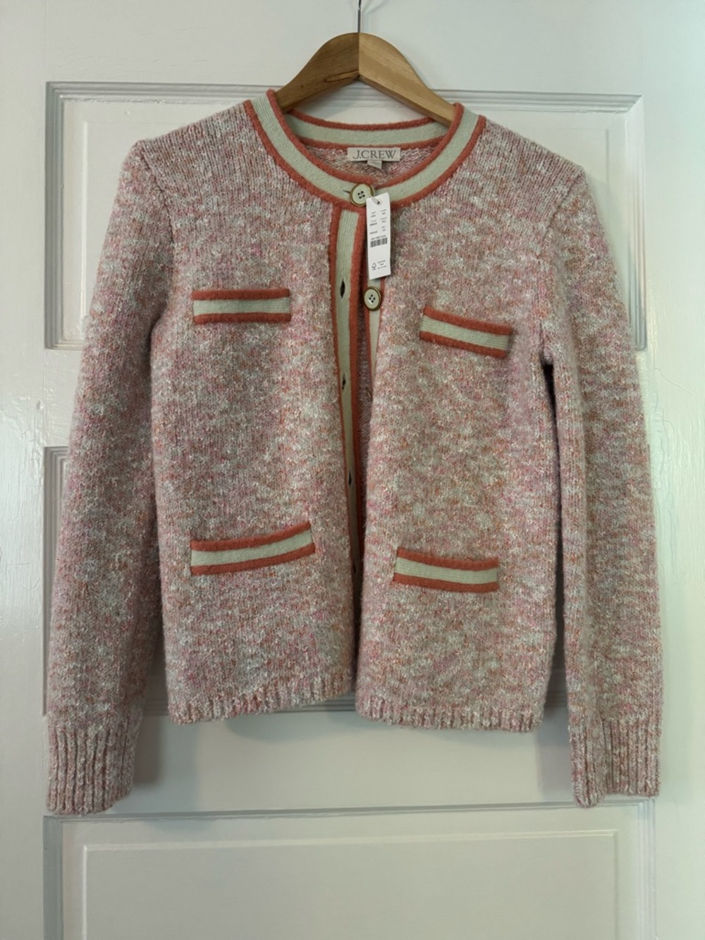 NWT J. Crew Pink Bouclé Knit Cardigan with Contrast Trim